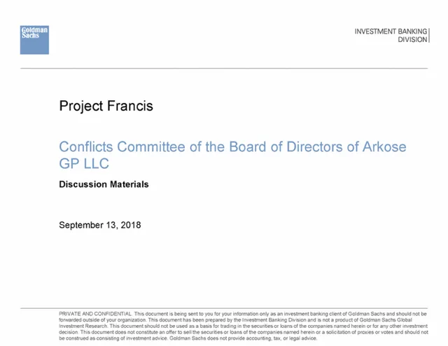 Goldman Sachs — Project Francis investment banking deck cover