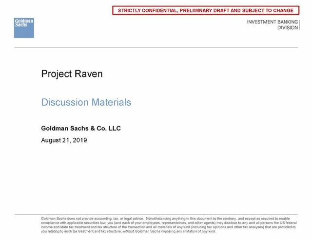Goldman Sachs — Project Raven investment banking deck cover