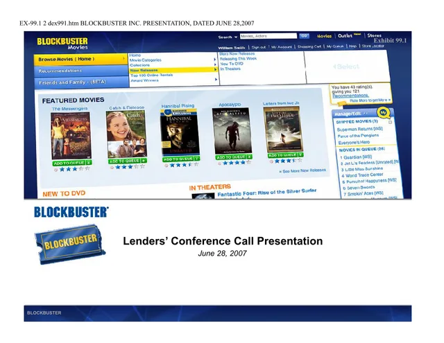 Blockbuster Video — Lenders’ Conference Call Presentation investment banking deck cover