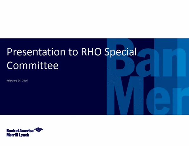 Bank Of America — Presentation to RHO Special Committee investment banking deck cover
