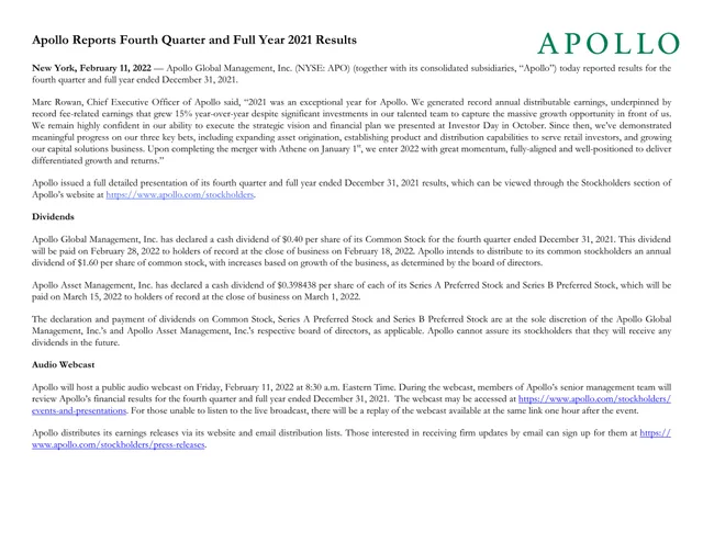 Apollo Global Management — Apollo Reports Fourth Quarter and Full Year 2021 Results investment banking deck cover