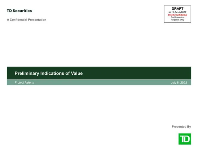 Td Securities — Preliminary Indications of Value investment banking deck cover