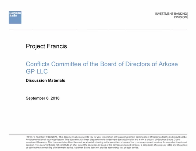 Goldman Sachs — Project Francis investment banking deck cover