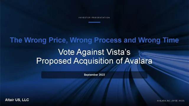 Altair US Llc — The Wrong Price, Wrong Process and Wrong Time investment banking deck cover