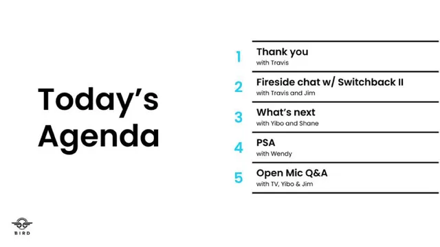 Bird — Today's Agenda investment banking deck cover