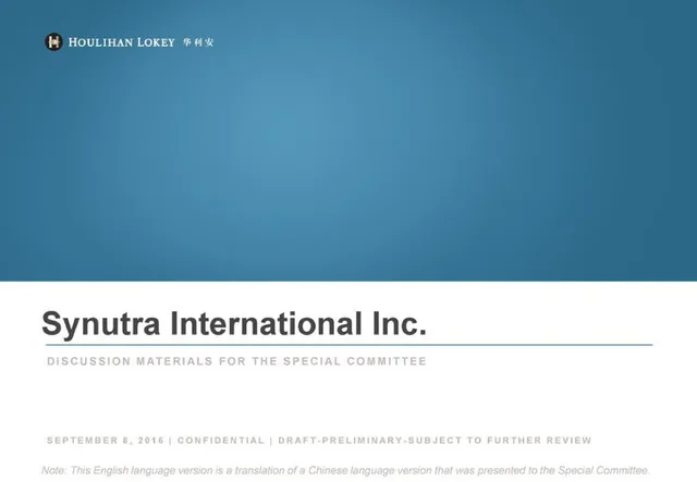 Houlihan Lokey — Synutra International Inc. investment banking deck cover