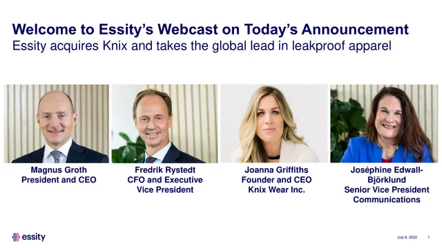 Essity — Welcome to Essity’s Webcast on Today’s Announcement investment banking deck cover