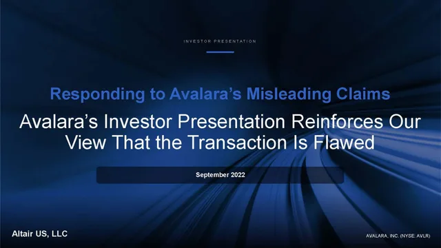 Altair US Llc — Responding to Avalara’s Misleading Claims investment banking deck cover