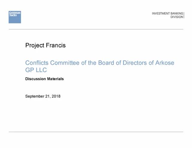 Goldman Sachs — Project Francis investment banking deck cover