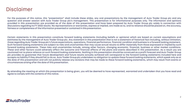 Auto Trader Group — Disclaimer investment banking deck cover