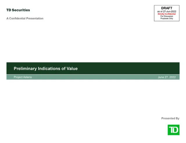 Td Securities — Preliminary Indications of Value investment banking deck cover