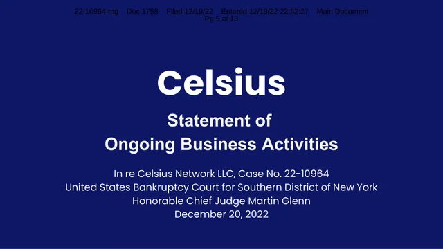 Celsius Network — Statement of Ongoing Business Activities investment banking deck cover