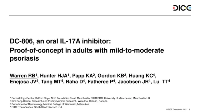 Dice Therapeutics — DC-806, an oral IL-17A inhibitor: Proof-of-concept in adults with mild-to-moderate psoriasis investment banking deck cover