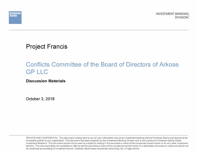 Goldman Sachs — Project Francis investment banking deck cover