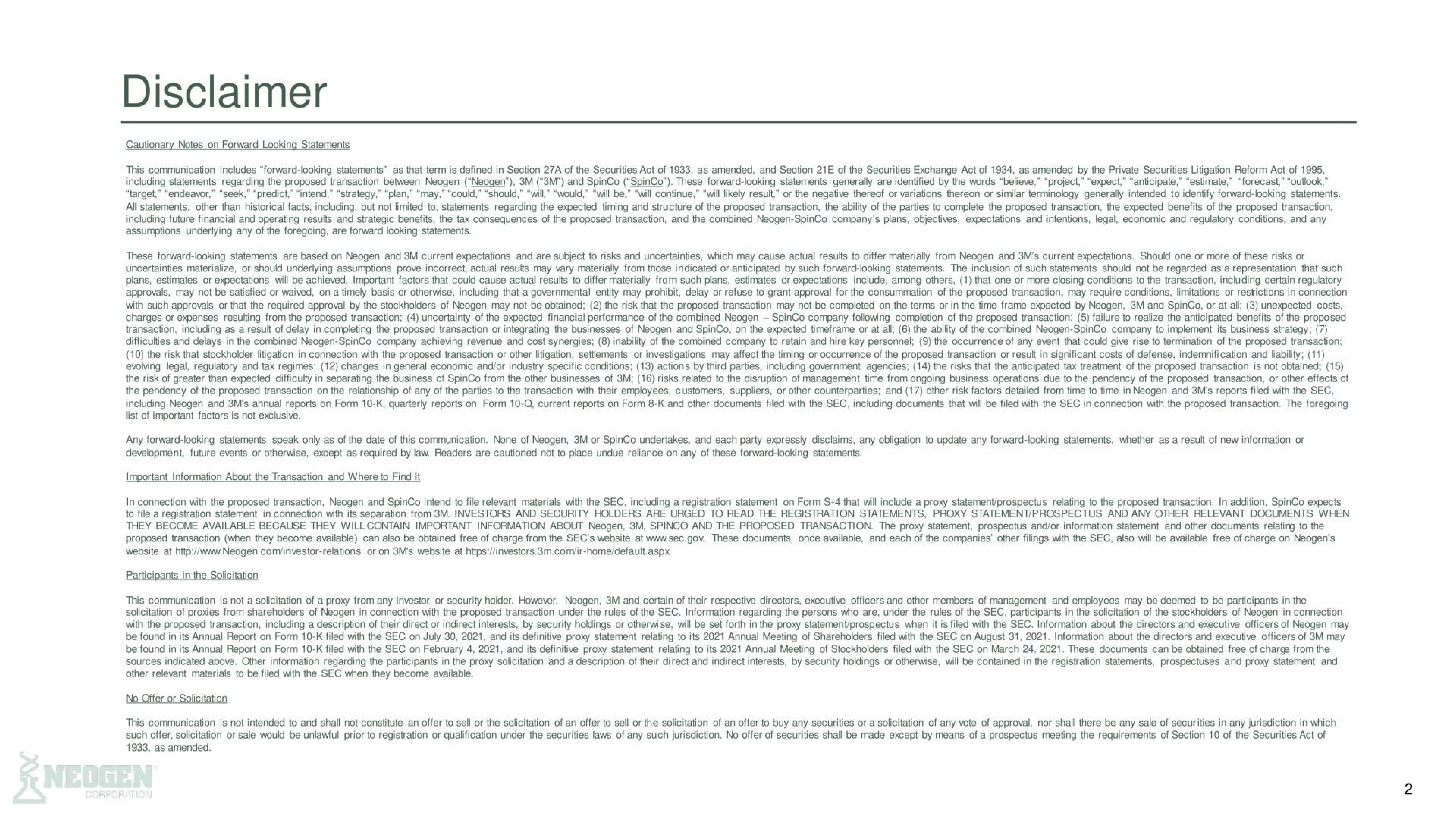 Text slide 2 from 3m — Neogen to Combine with 3M’s Food Safety Business