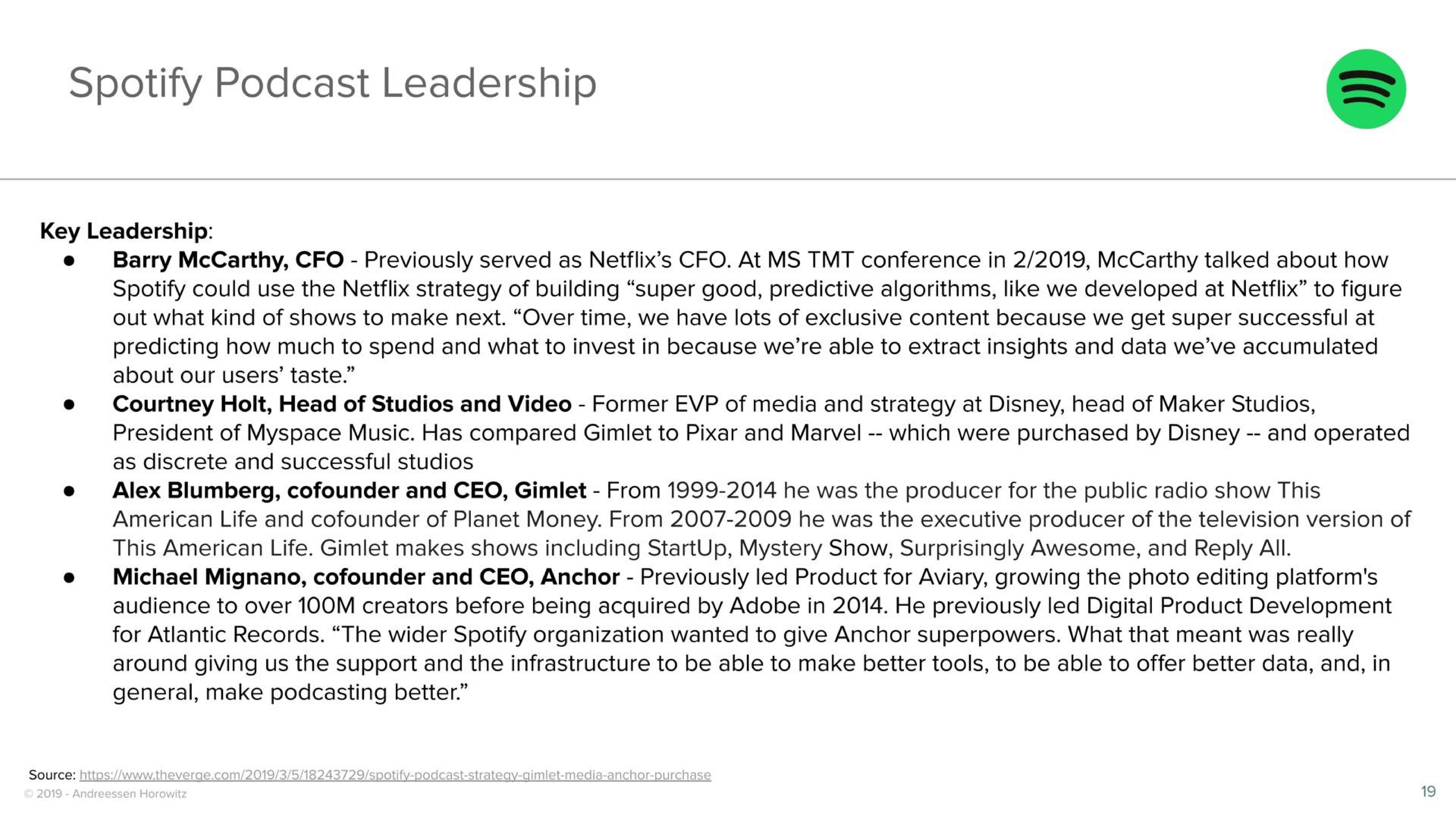Team slide 19 from A16z — Podcasting & Audio Market Map