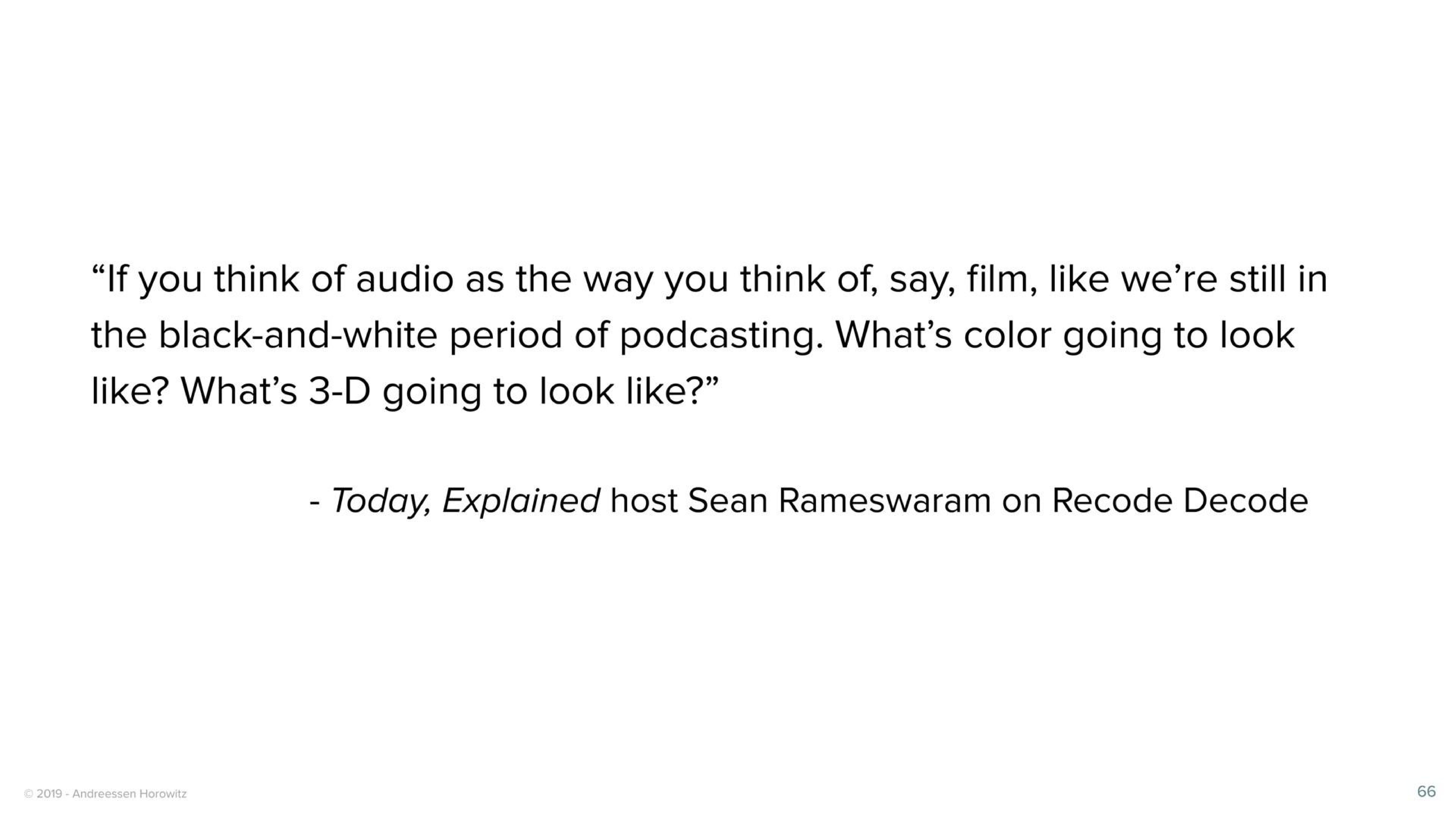 Quote slide 66 from A16z — Podcasting & Audio Market Map