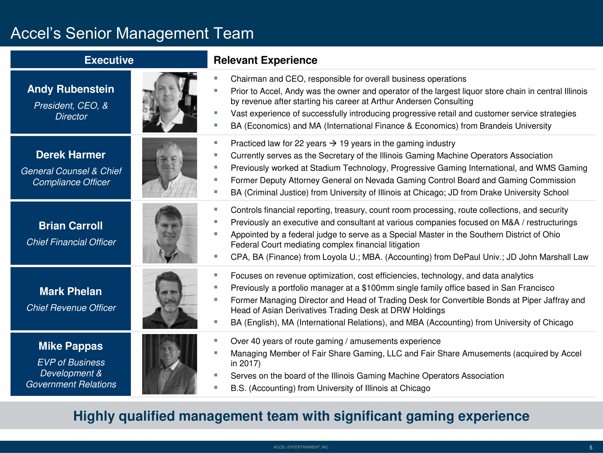 Team slide 5 from Accel Entertaiment — Introduction to Accel Entertainment