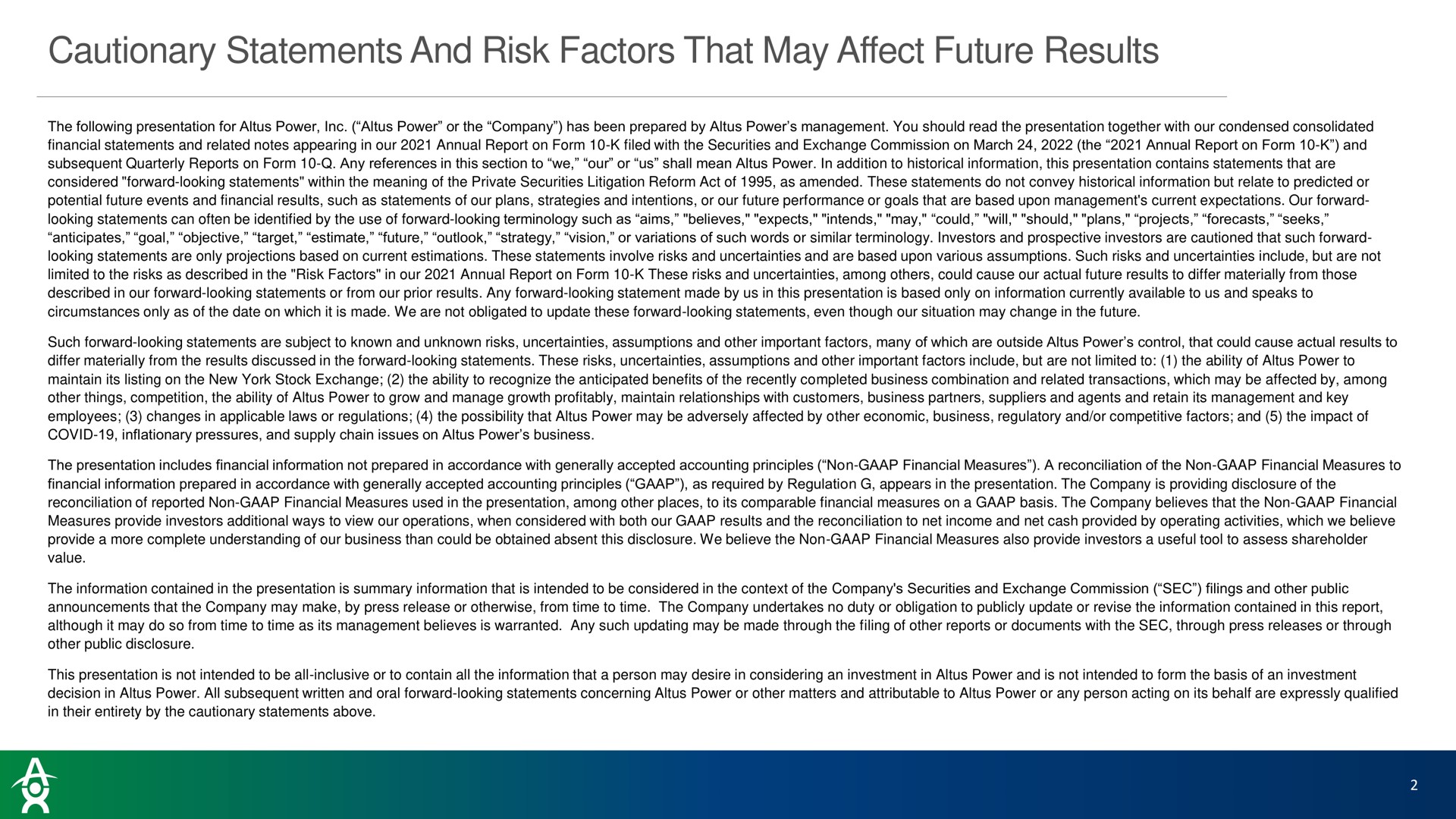 Altus Power — Cautionary Statements And Risk Factors That May Affect Future Results investment banking deck slide