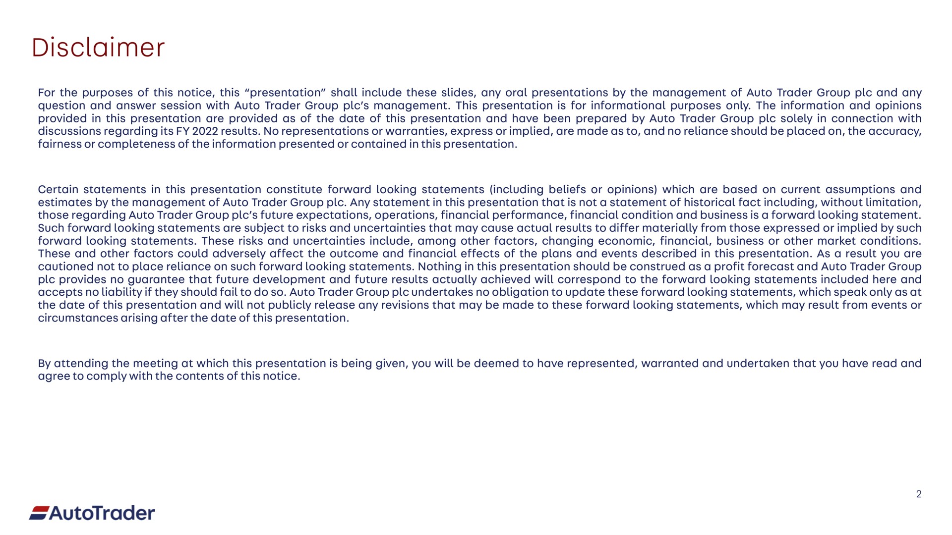 Auto Trader Group — Disclaimer investment banking deck slide