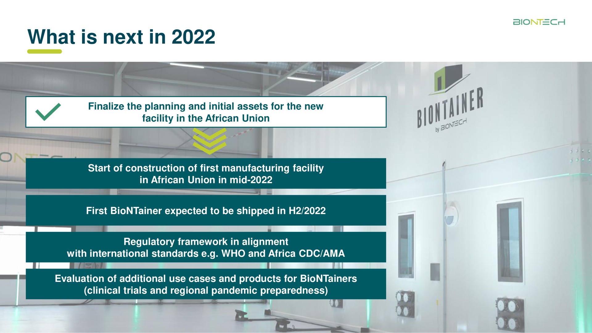 Timeline slide 14 from Biontech — Introducing a scalable manufacturing solution for Africa
