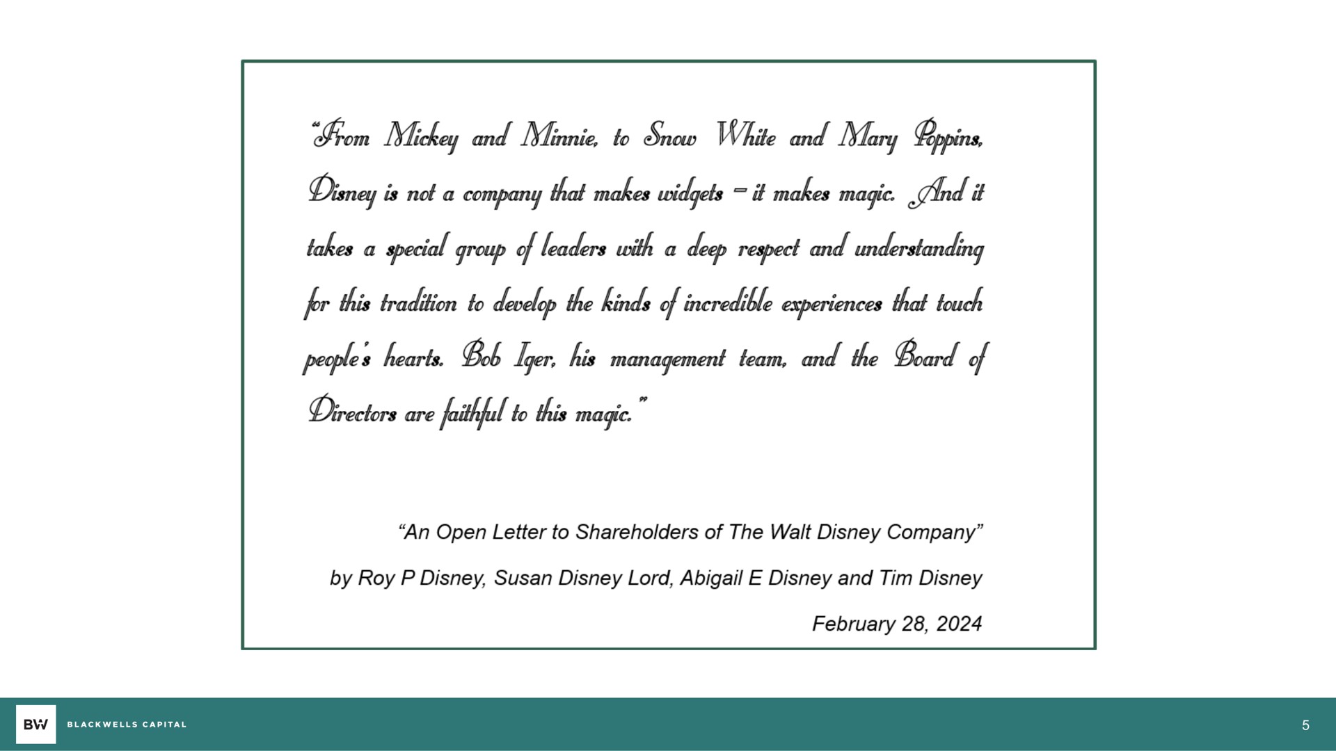 Quote slide 5 from Blackwells Capital — The Future Of Disney