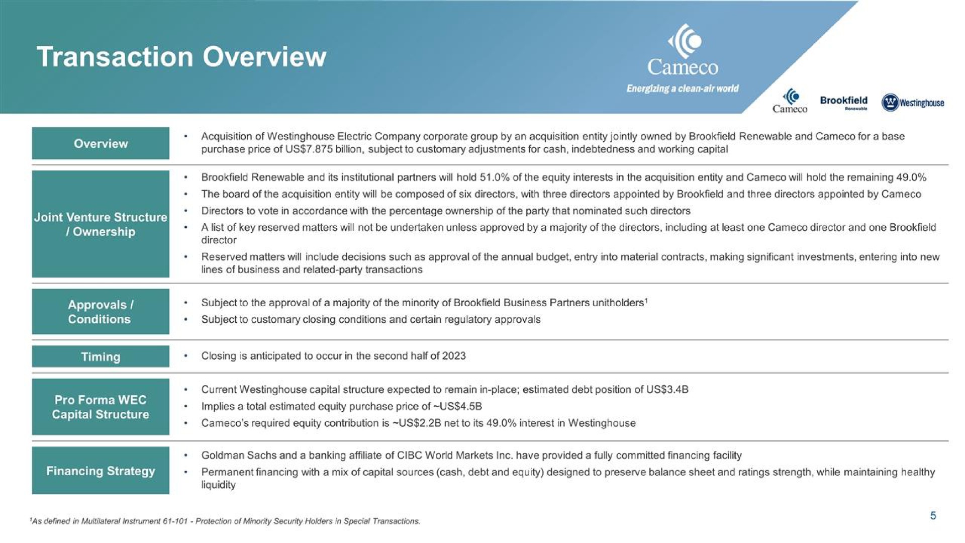 Table slide 5 from Cameco — Cameco Corporation and Brookfield Renewable Partners Joint Acquisition of Westinghouse Electric Company