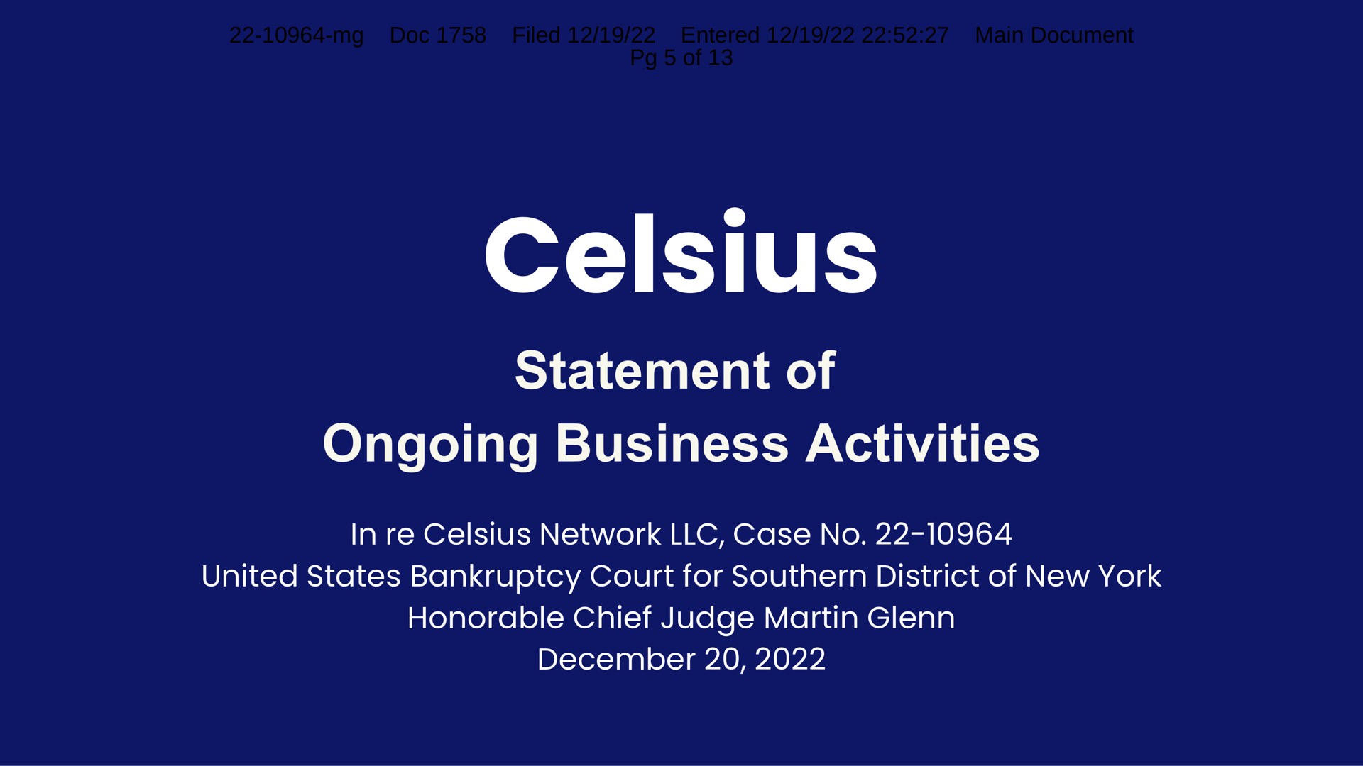 Celsius Network — Statement of Ongoing Business Activities investment banking deck slide