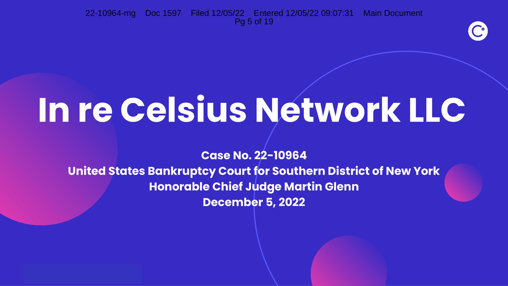 Celsius Network — In re Celsius Network LLC investment banking deck slide