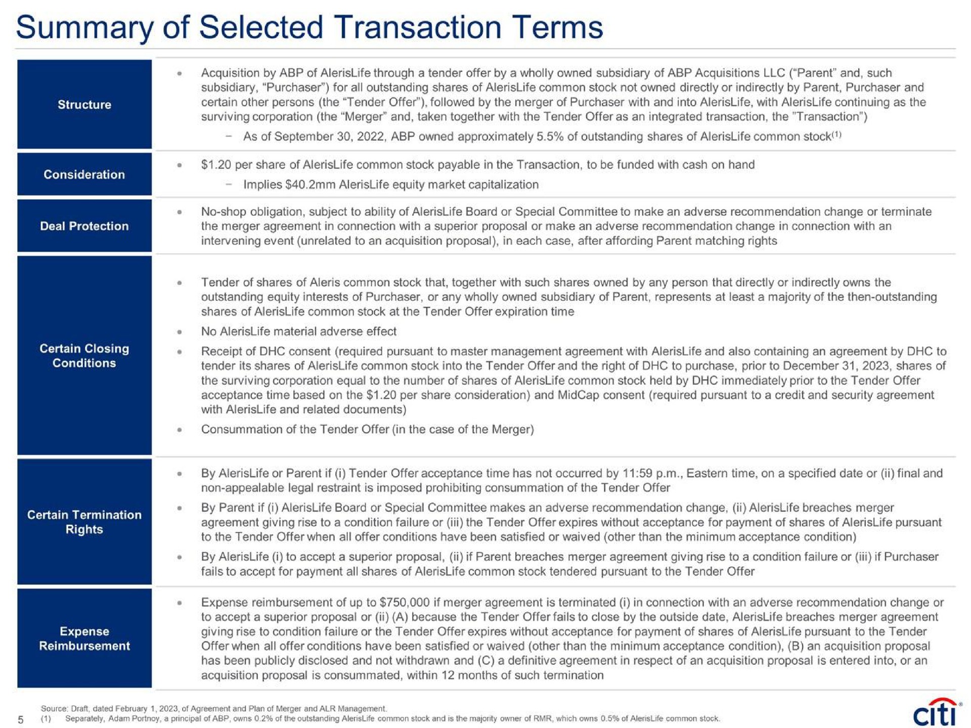 Table slide 7 from Citi — Project Newbury