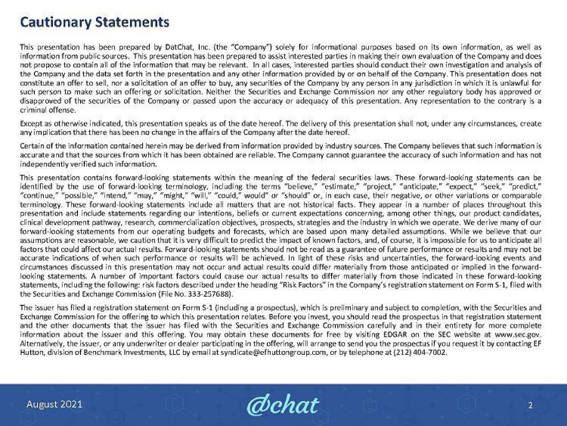 Datchat — Cautionary Statements investment banking deck slide