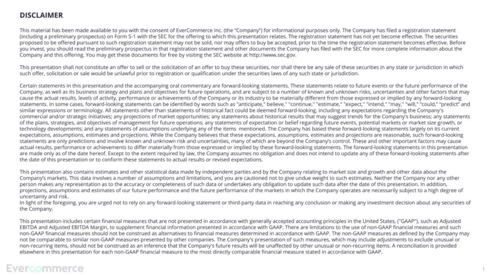 Evercommerce — Disclaimer investment banking deck slide