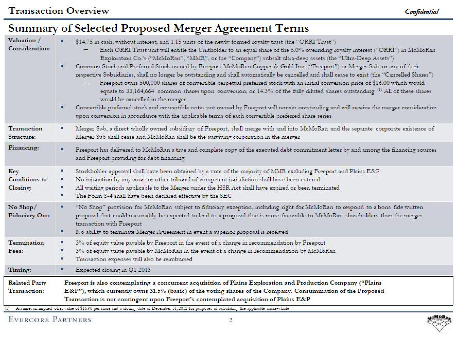 Table slide 5 from Evercore — Presentation to the Special Committee of the Board of Directors of McMoRan Exploration Co.