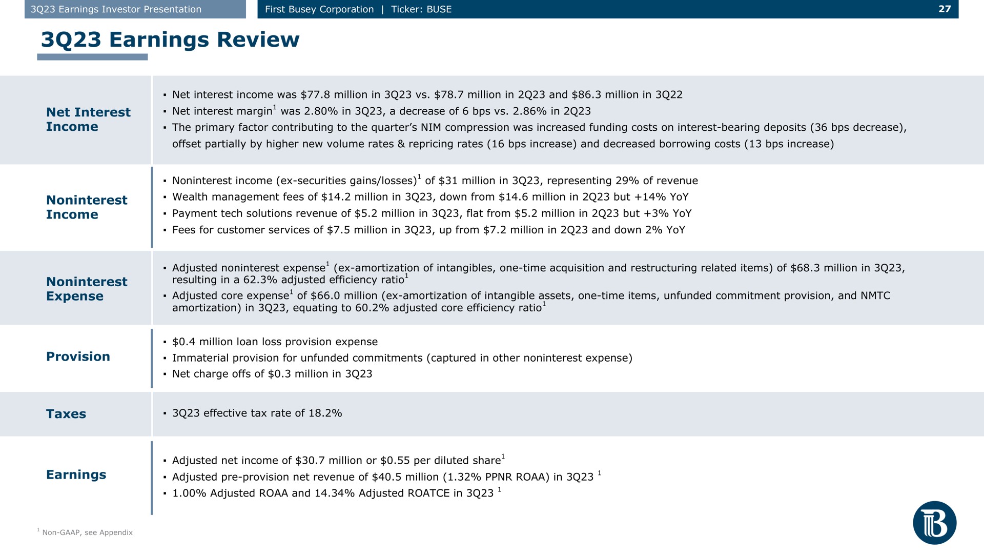 Table slide 27 from First Busey — Q3 2023 Earnings Investor Presentation