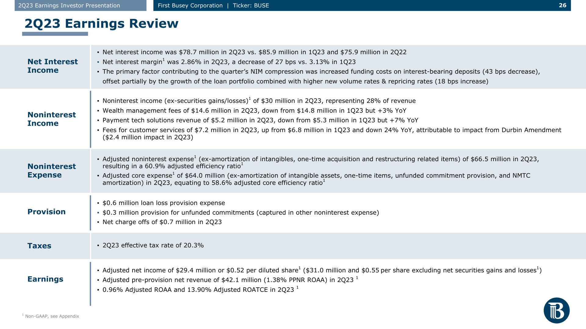 Table slide 26 from First Busey — Q2 2023 Earnings Investor Presentation