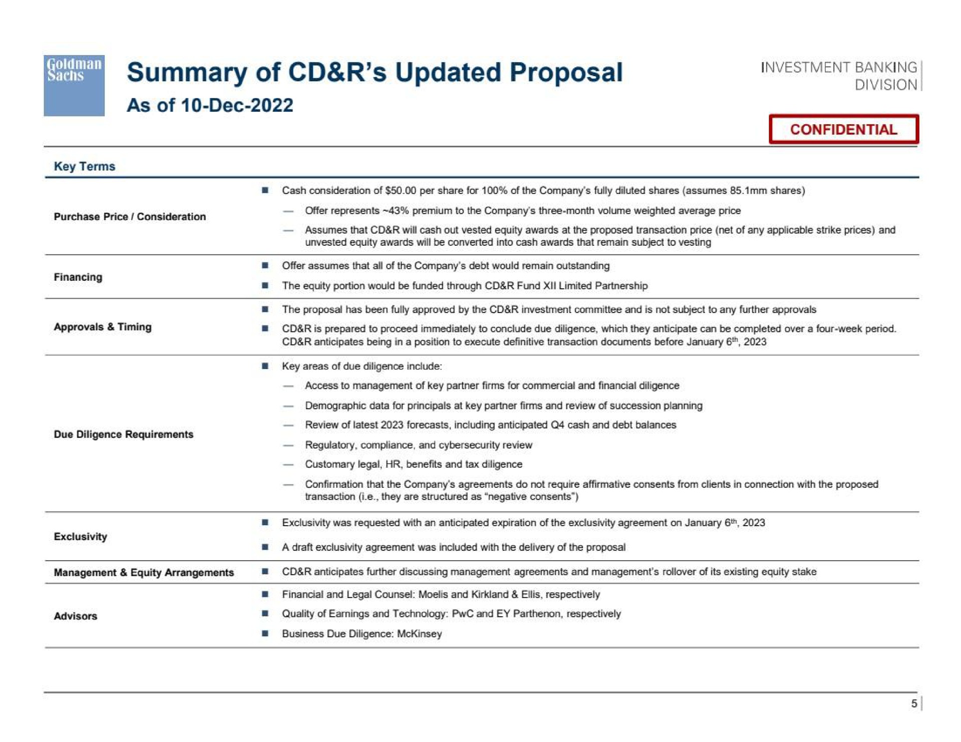 Table slide 6 from Goldman Sachs — Update on Project Ferdinand and Preliminary Valuation Discussion Materials