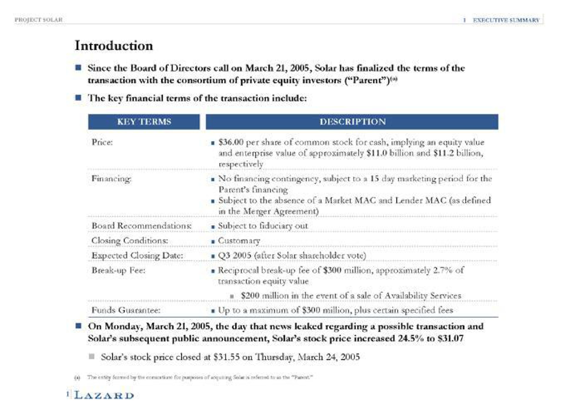 Table slide 5 from Lazard — Project Solar
