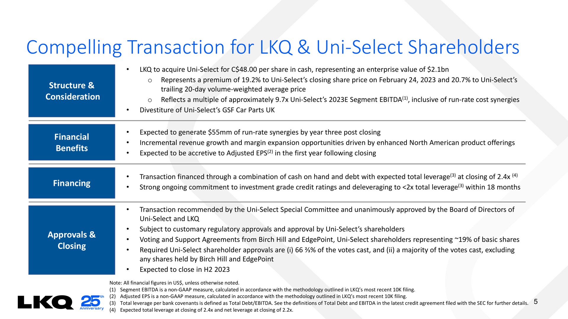 Table slide 5 from Lkq — LKQ to Acquire Uni-Select - A Leading Distributor of Mechanical Parts and Refinish Paint Products Across North America