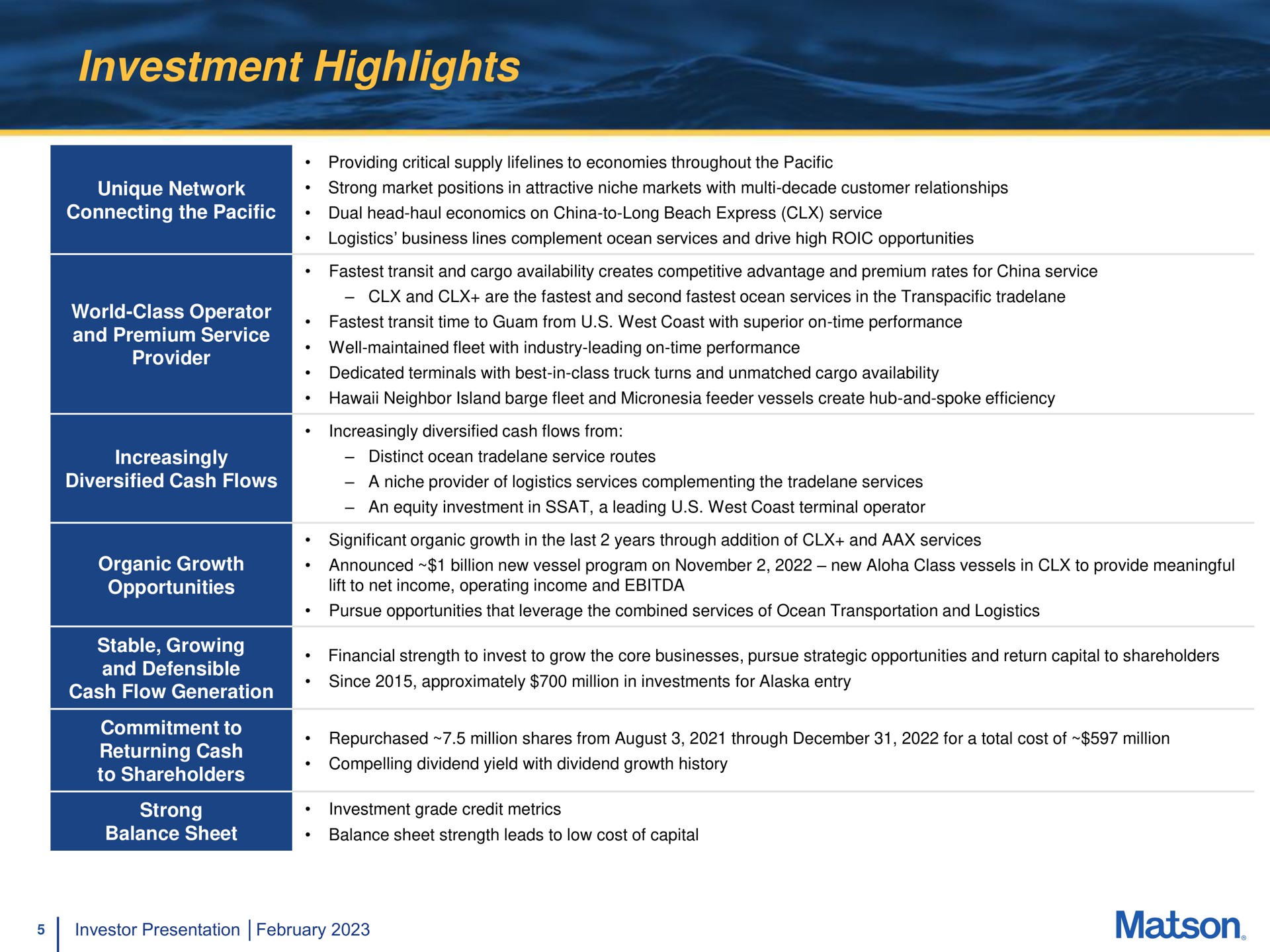 Table slide 5 from Matson — Investor Presentation