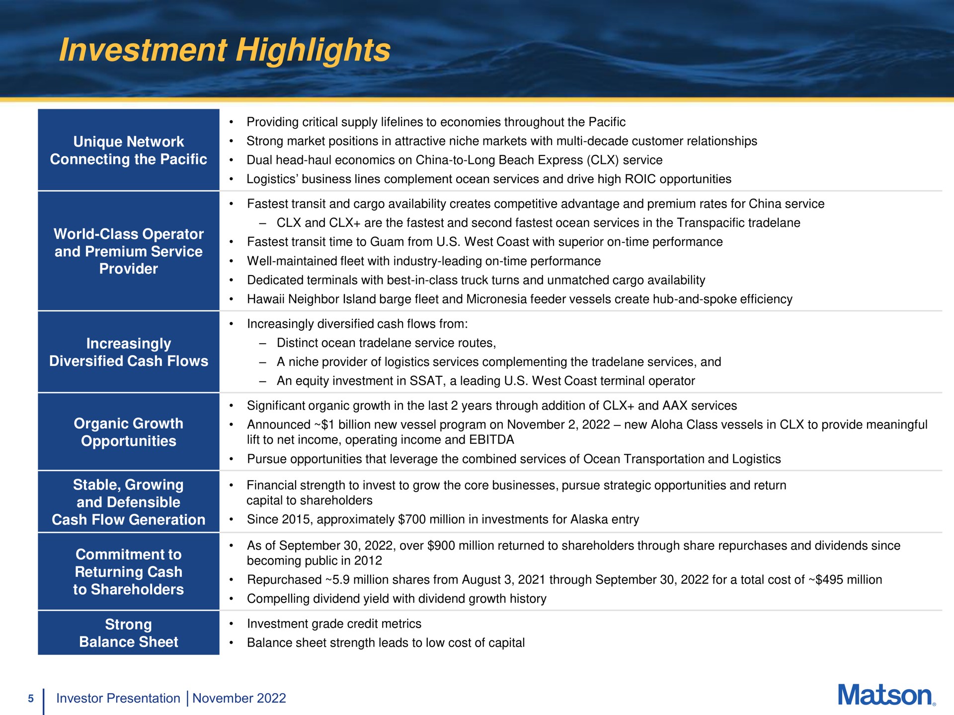 Table slide 5 from Matson — Investor Presentation