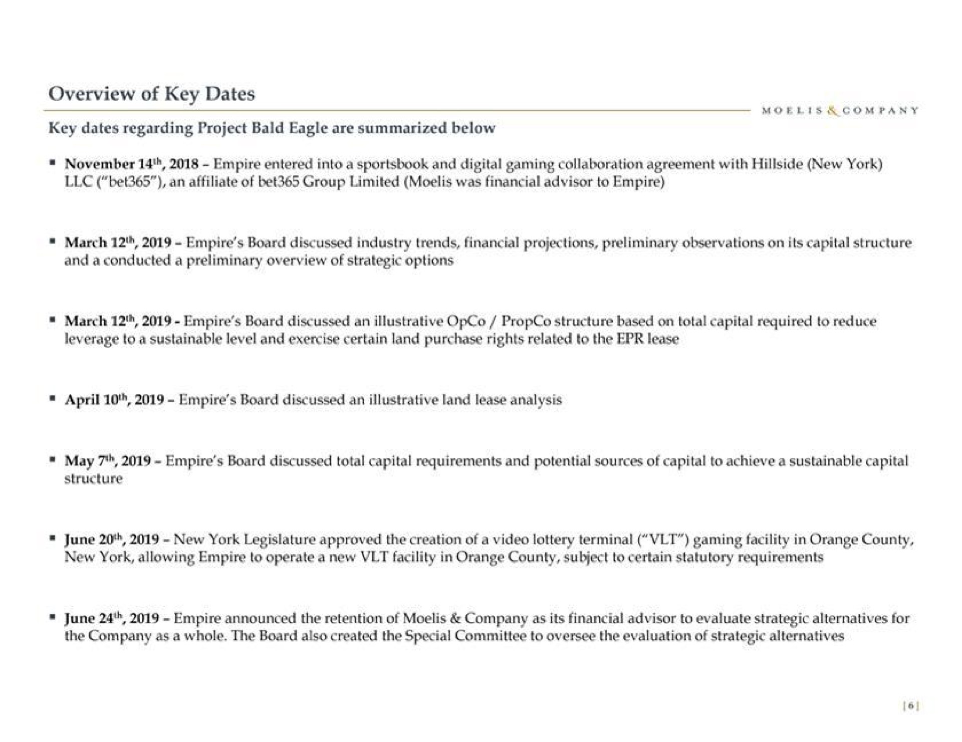 Timeline slide 7 from Moelis Company — Project Bald Eagle