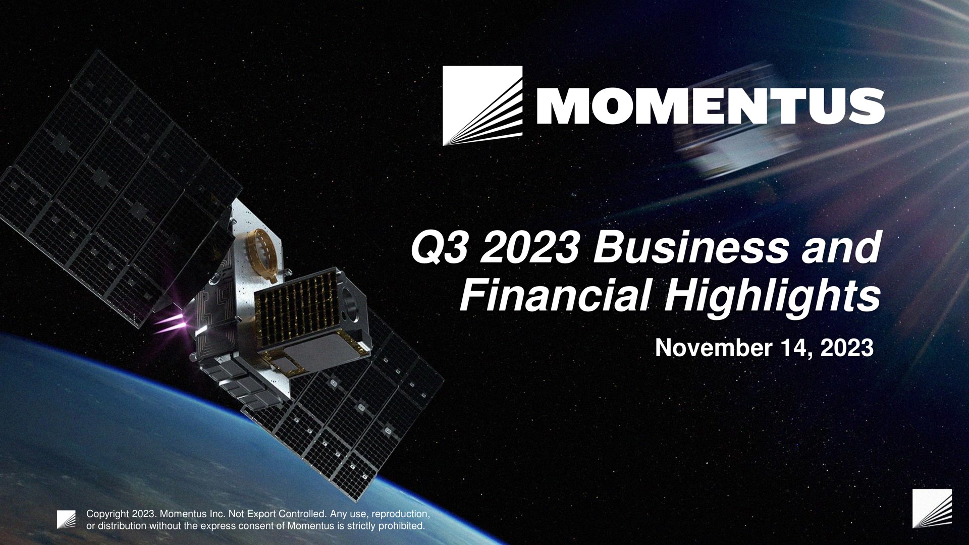 Momentus — Q3 2023 Business and Financial Highlights investment banking deck slide