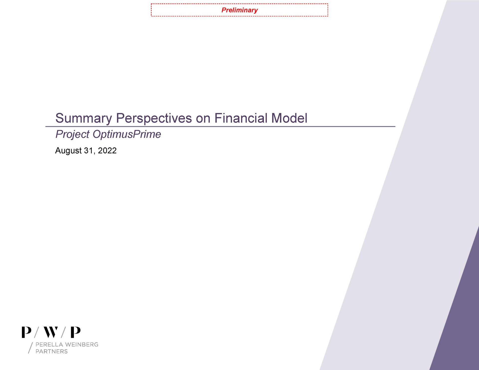 Perella Weinberg Partners — Summary Perspectives on Financial Model investment banking deck slide