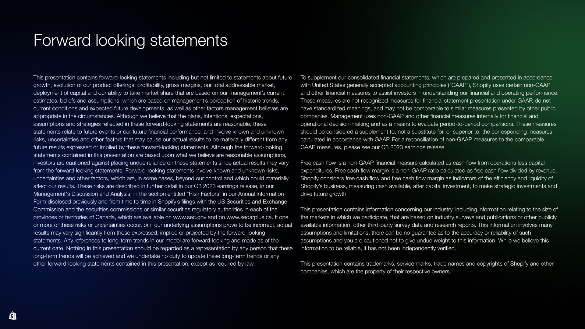 Shopify — Forward looking statements investment banking deck slide