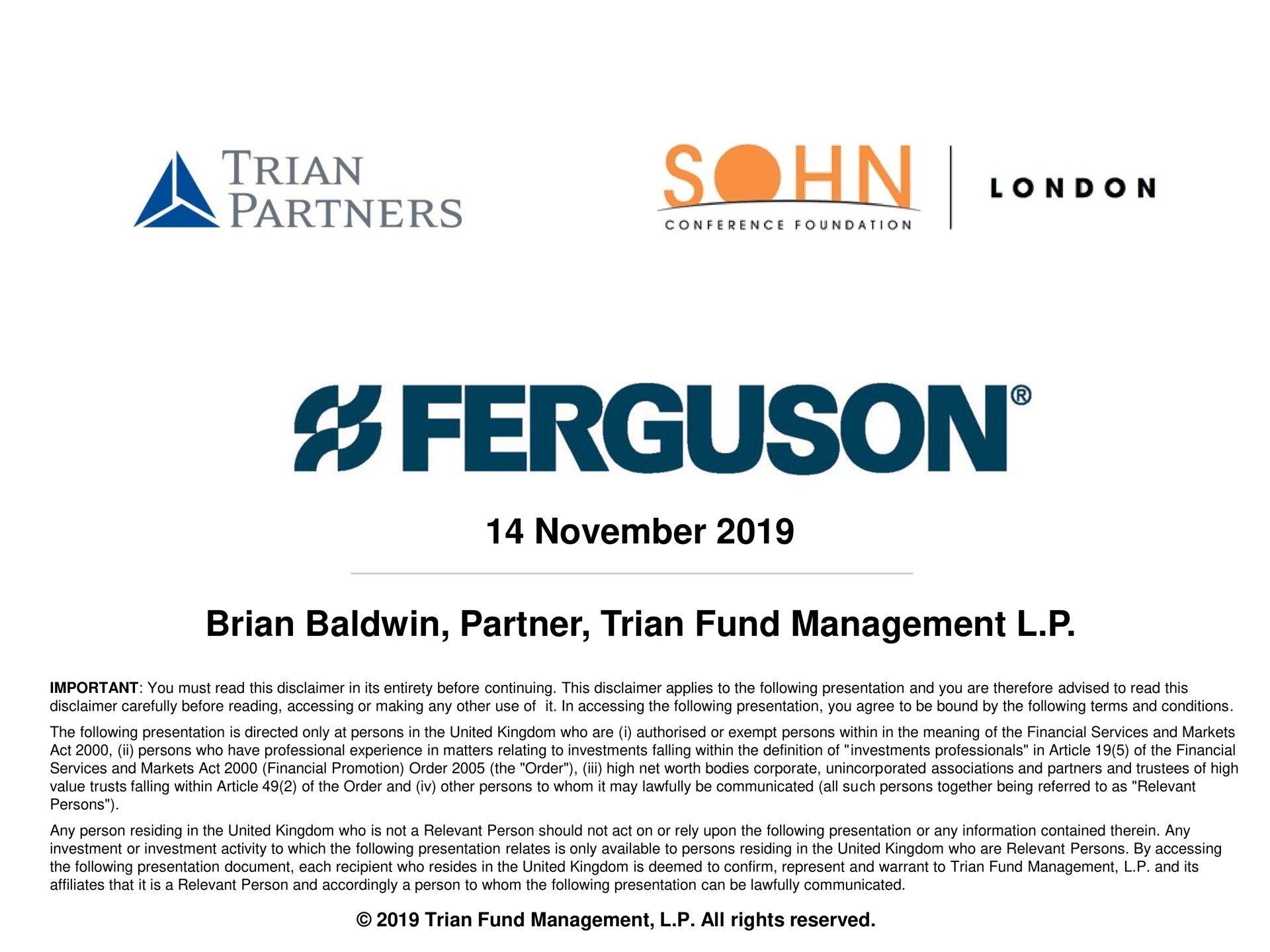 Trian Partners — Title Slide investment banking deck slide