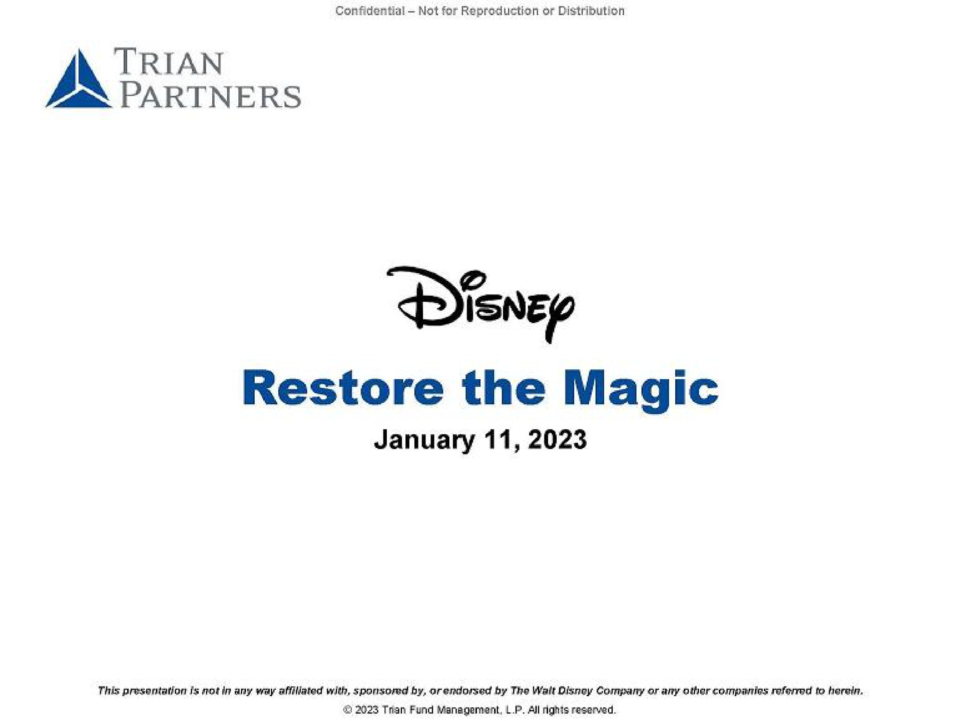 Trian Partners — Restore the Magic investment banking deck slide