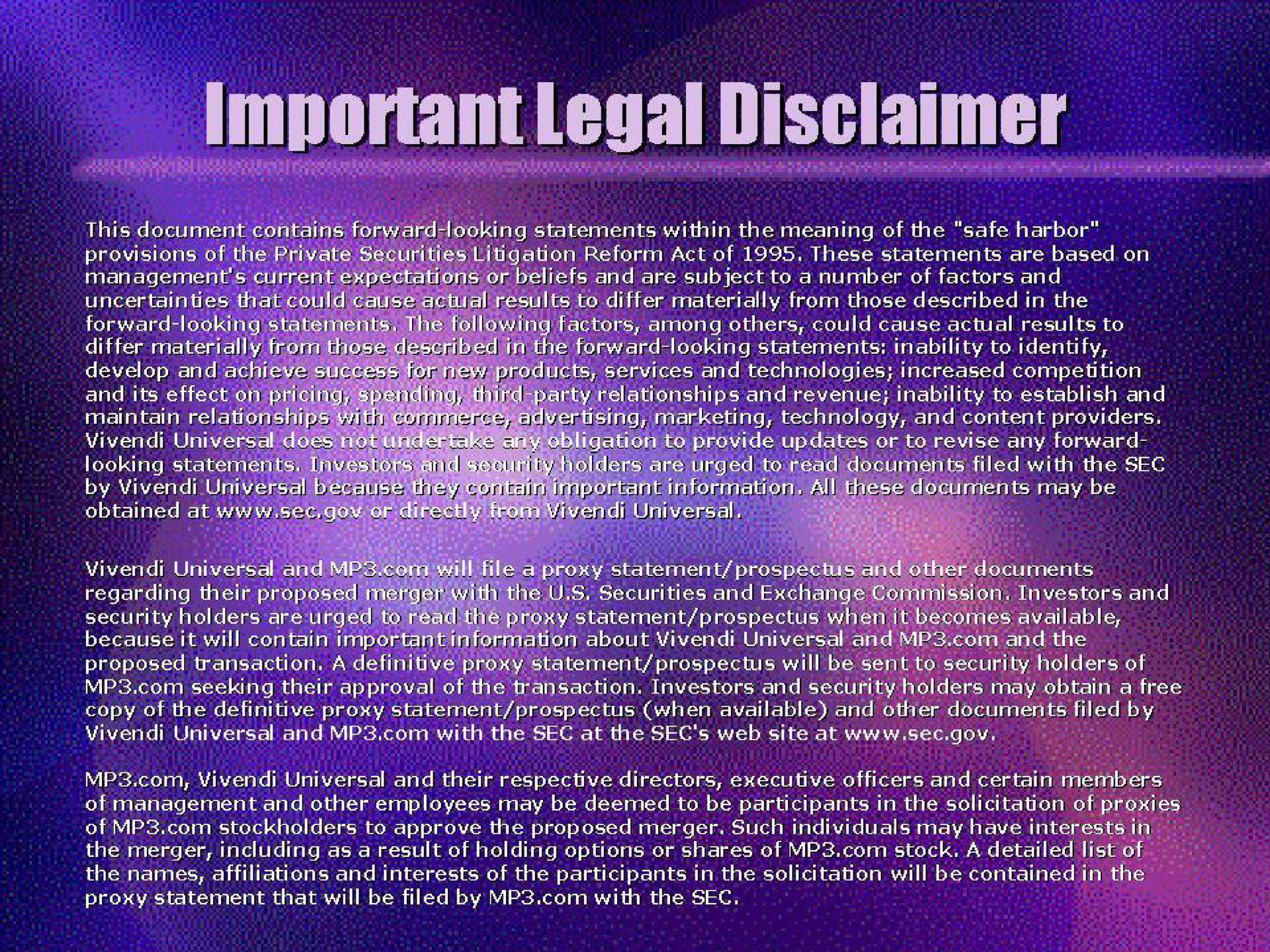 Universal Music Group — Important Legal Disclaimer investment banking deck slide