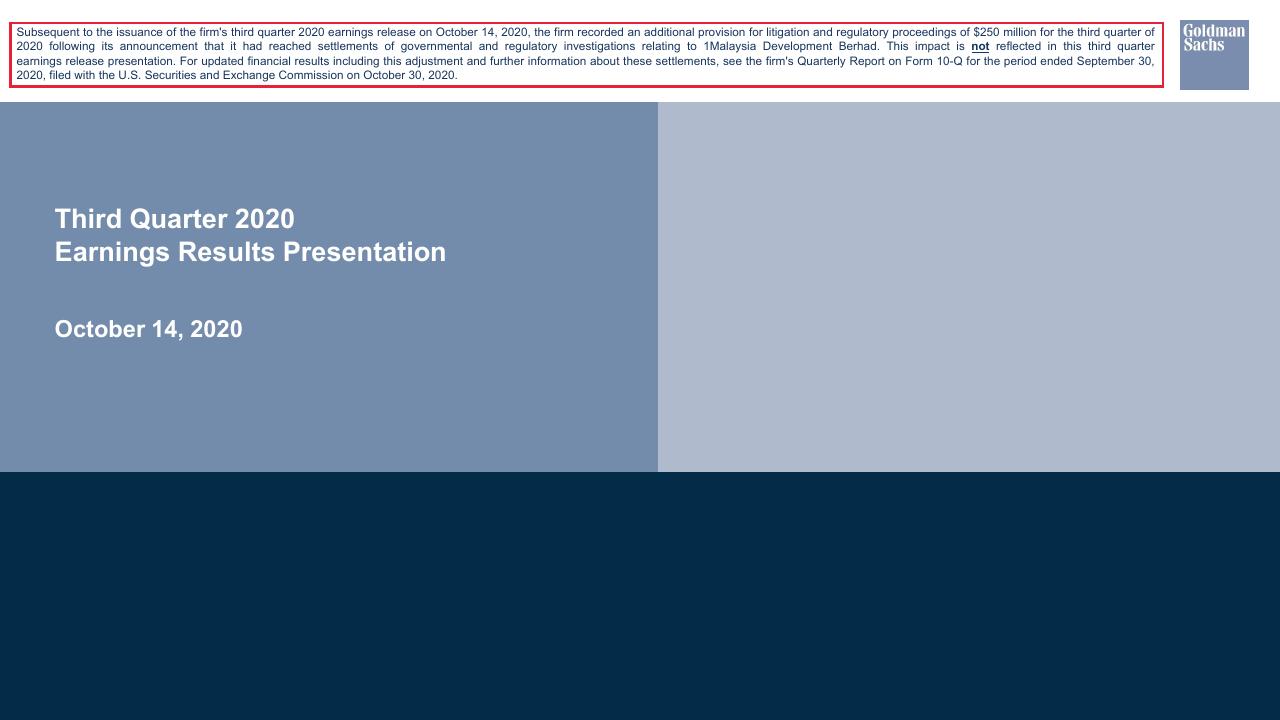 Third Quarter 2020 Earnings Results Presentation Goldman Sachs investment banking deck cover